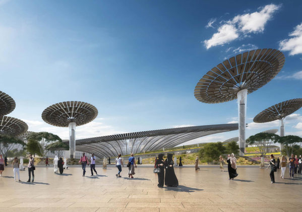 Bild zeigt den Nachhaltigkeits-Pavillon und die umliegende Landschaft mit "Sonnenbäumen" - © Grimshaw Architects