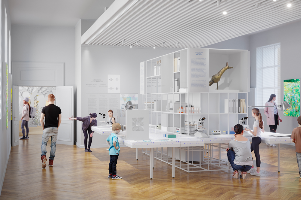 3D rendering of the future exhibition room "Laboratory" of the Strasbourg Zoological Museum - © dUCKS scéno